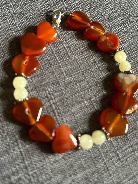 Hand Crafted Heart shaped Bracelet Carnelian, Calcite & Silver